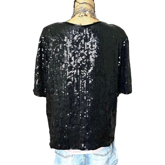 NWT - VINTAGE - 100% silk women Glam Boho black sequins short sleeves top MEDIUM - Picture 12 of 14